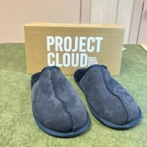 Project Cloud Premium Mens Suede Faux Fur Lined Scuff Slippers Navy Blue Size 12
